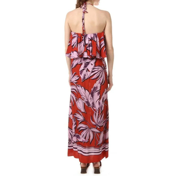MSK "NEW" Aurora Red Floral Tropical Bohemian Halter Neck Boho Maxi Dress Size S - Picture 2 of 15
